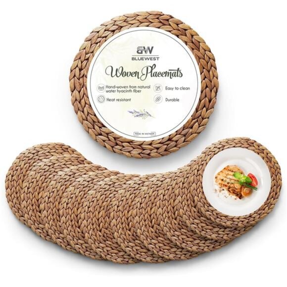 Woven Placemats Set of 10, Brown Round Rattan, Wicker Water Hyacinth - Picture 1 of 6